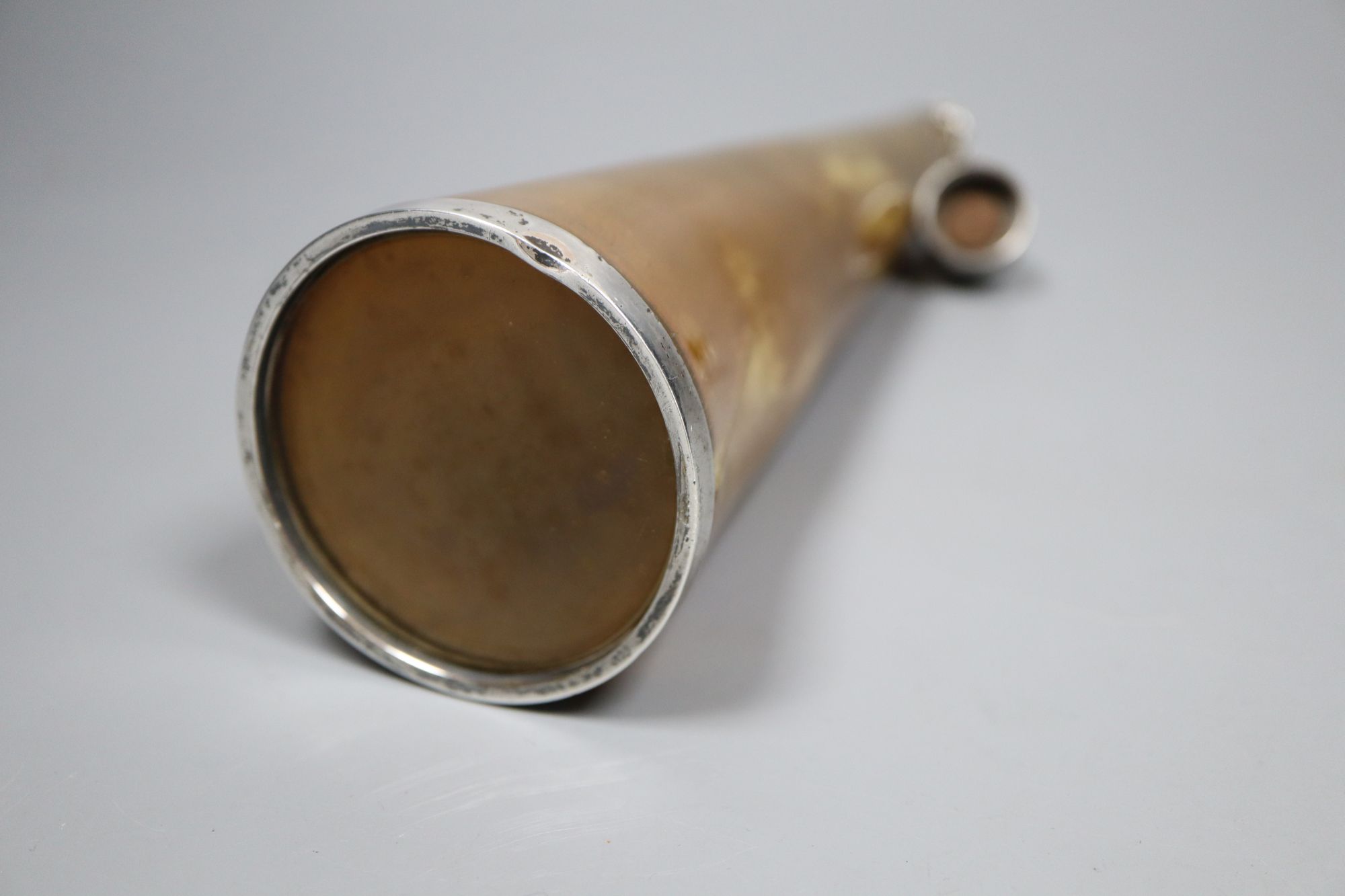 A Victorian silver mounted conical shaped horn flask, Thomas Johnson, London, 1875, 25.5cm, a.f.